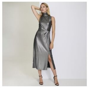 Harper Rose Formal Metallic Silver Sleeveless Mocked Neck Sheath Midi Dress Sz 6